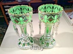 Pair Vtg. Bohemian Cut Glass Overlay Decorated Mantle Lusters with Crystal Prisms