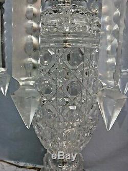 Pair Vtg Crystal Cut Glass Table Lamps with Chunky Lg Gothic Prisms Brass Base