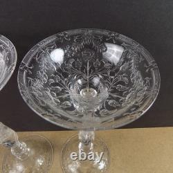 Pair of Antique Engraved Floral Rock Crystal Toasting Saucers 10.75 Tall VGC