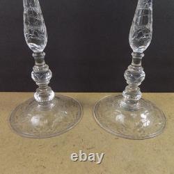 Pair of Antique Engraved Floral Rock Crystal Toasting Saucers 10.75 Tall VGC