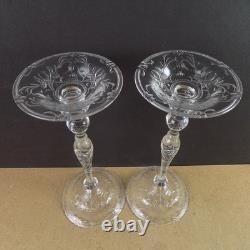 Pair of Antique Engraved Floral Rock Crystal Toasting Saucers 10.75 Tall VGC