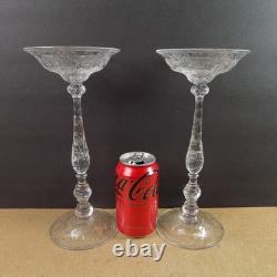Pair of Antique Engraved Floral Rock Crystal Toasting Saucers 10.75 Tall VGC