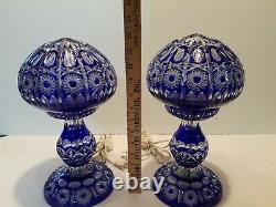 Pair of Bohemian Cobalt cut to Clear Crystal Lamps