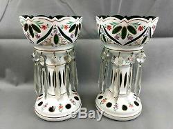 Pair of Crystal Bohemian Glass Mantle Lusters White Cut to Green w Prisms