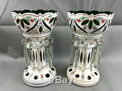 Pair of Crystal Bohemian Glass Mantle Lusters White Cut to Green w Prisms
