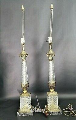 Pair of Neoclassical Brass and Cut Glass/Crystal with Marble Bases Lamps