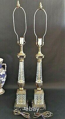 Pair of Neoclassical Brass and Cut Glass/Crystal with Marble Bases Lamps