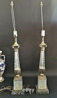 Pair of Neoclassical Brass and Cut Glass/Crystal with Marble Bases Lamps