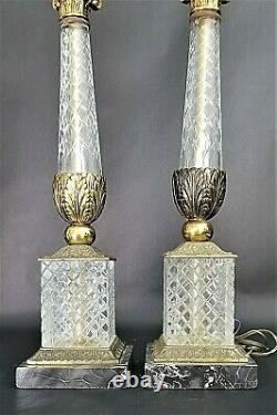 Pair of Neoclassical Brass and Cut Glass/Crystal with Marble Bases Lamps