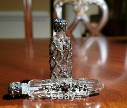 Pair of Victorian Cut Crystal Glass Perfume Bottles Silver Jeweled Top Beautiful