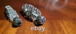 Pair of Victorian Cut Crystal Glass Perfume Bottles Silver Jeweled Top Beautiful