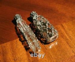 Pair of Victorian Cut Crystal Glass Perfume Bottles Silver Jeweled Top Beautiful