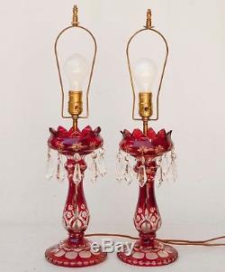 Pair of Vintage Bohemian Red Cut to Clear Glass Lamps With Crystal Prisms