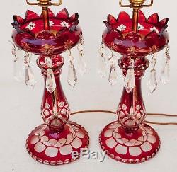 Pair of Vintage Bohemian Red Cut to Clear Glass Lamps With Crystal Prisms