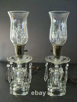 Pair vintage Cut Glass/crystal 15.5 Parlor Table Mantle Lamps Prisms