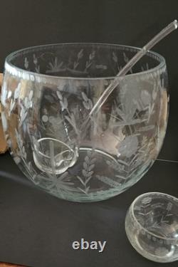 Paul Revere FLOWER CUT Etched Crystal Punch Bowl with 8 Cups And Glass Ladle-NEW