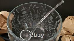 Paul Revere FLOWER CUT Etched Crystal Punch Bowl with 8 Cups And Glass Ladle-NEW