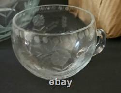 Paul Revere FLOWER CUT Etched Crystal Punch Bowl with 8 Cups And Glass Ladle-NEW