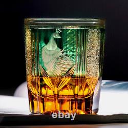 Peacock Edo Kiriko Glass Hand Cut Clear Crystal Whisky Glasses Amber Green 8.5oz
