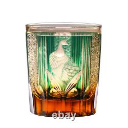 Peacock Edo Kiriko Glass Hand Cut Clear Crystal Whisky Glasses Amber Green 8.5oz