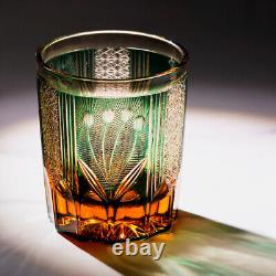 Peacock Edo Kiriko Glass Hand Cut Clear Crystal Whisky Glasses Amber Green 8.5oz