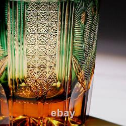 Peacock Edo Kiriko Glass Hand Cut Clear Crystal Whisky Glasses Amber Green 8.5oz