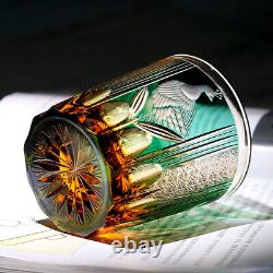 Peacock Edo Kiriko Glass Hand Cut Clear Crystal Whisky Glasses Amber Green 8.5oz