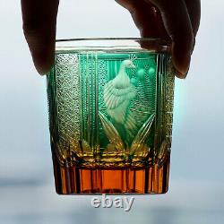 Peacock Edo Kiriko Glass Hand Cut Clear Crystal Whisky Glasses Amber Green 8.5oz