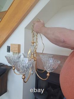 Pendent Vintage Lead Cut Crystal 5 Arm Glass Body Brass Gold Accent Chandelier