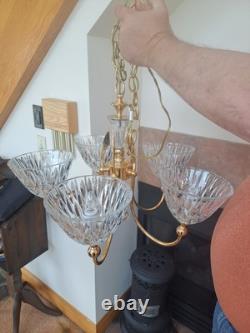 Pendent Vintage Lead Cut Crystal 5 Arm Glass Body Brass Gold Accent Chandelier