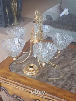 Pendent Vintage Lead Cut Crystal 5 Arm Glass Body Brass Gold Accent Chandelier