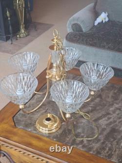 Pendent Vintage Lead Cut Crystal 5 Arm Glass Body Brass Gold Accent Chandelier
