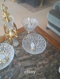 Pendent Vintage Lead Cut Crystal 5 Arm Glass Body Brass Gold Accent Chandelier