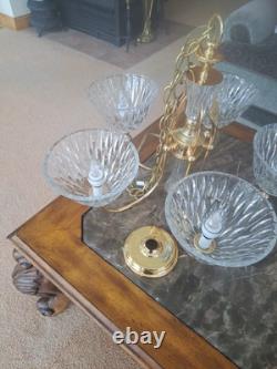 Pendent Vintage Lead Cut Crystal 5 Arm Glass Body Brass Gold Accent Chandelier