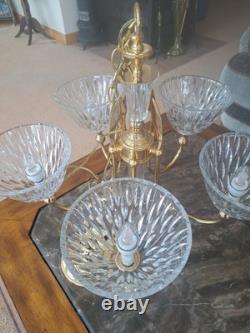 Pendent Vintage Lead Cut Crystal 5 Arm Glass Body Brass Gold Accent Chandelier