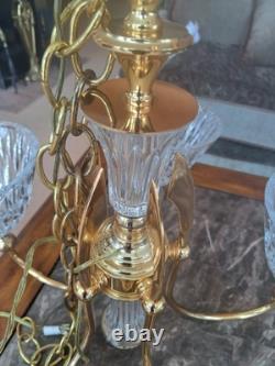 Pendent Vintage Lead Cut Crystal 5 Arm Glass Body Brass Gold Accent Chandelier