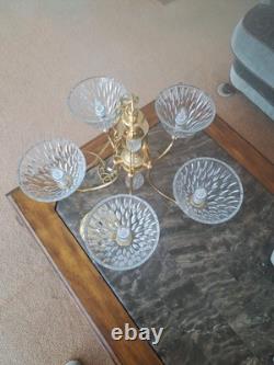 Pendent Vintage Lead Cut Crystal 5 Arm Glass Body Brass Gold Accent Chandelier