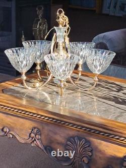 Pendent Vintage Lead Cut Crystal 5 Arm Glass Body Brass Gold Accent Chandelier