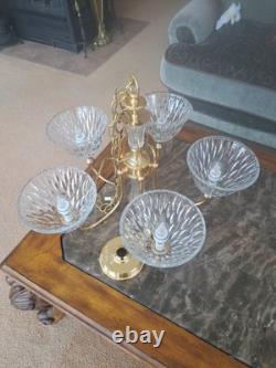 Pendent Vintage Lead Cut Crystal 5 Arm Glass Body Brass Gold Accent Chandelier