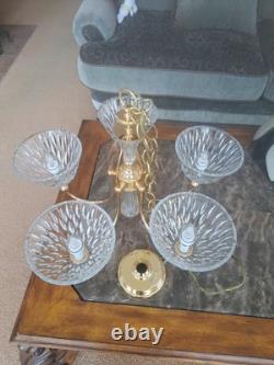 Pendent Vintage Lead Cut Crystal 5 Arm Glass Body Brass Gold Accent Chandelier