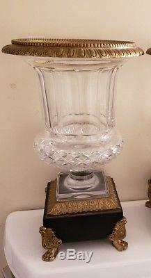 Pr ANTIQUE FRENCH EMPIRE BRONZE & BACCARAT CUT CRYSTAL URNS BEAUTIFUL FRANCE WOW