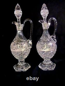 Pr Antique Bohemian Cut Glass Crystal Wine Decanters 17 1/2Tall Etched Scene