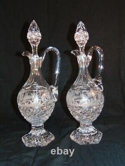 Pr Antique Bohemian Cut Glass Crystal Wine Decanters 17 1/2Tall Etched Scene