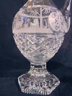 Pr Antique Bohemian Cut Glass Crystal Wine Decanters 17 1/2Tall Etched Scene