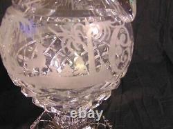 Pr Antique Bohemian Cut Glass Crystal Wine Decanters 17 1/2Tall Etched Scene