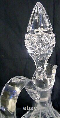 Pr Antique Bohemian Cut Glass Crystal Wine Decanters 17 1/2Tall Etched Scene