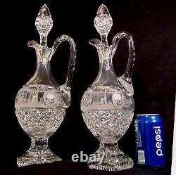 Pr Antique Bohemian Cut Glass Crystal Wine Decanters 17 1/2Tall Etched Scene