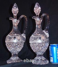 Pr Antique Bohemian Cut Glass Crystal Wine Decanters 17 1/2Tall Etched Scene