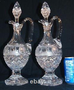 Pr Antique Bohemian Cut Glass Crystal Wine Decanters 17 1/2Tall Etched Scene