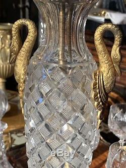 Pr Antique French Baccarat Empire Cut Crystal Bronze Mounted Swan Vases Lamps